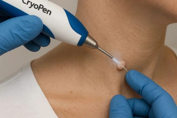 Person receiving cryotherapy Cheshire for skin tag removal