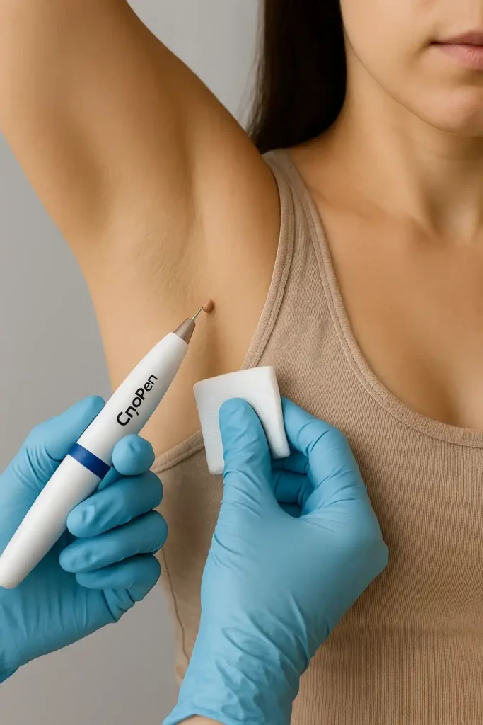 woman having cryopen to remove underarm skin tags Cheshire