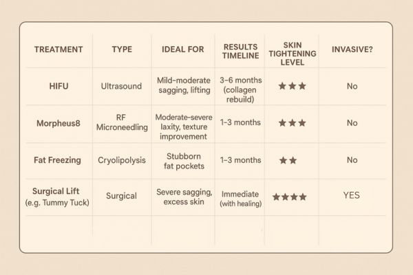 Table showing the comparisons of Skin tightening Cheshire treatment options. 